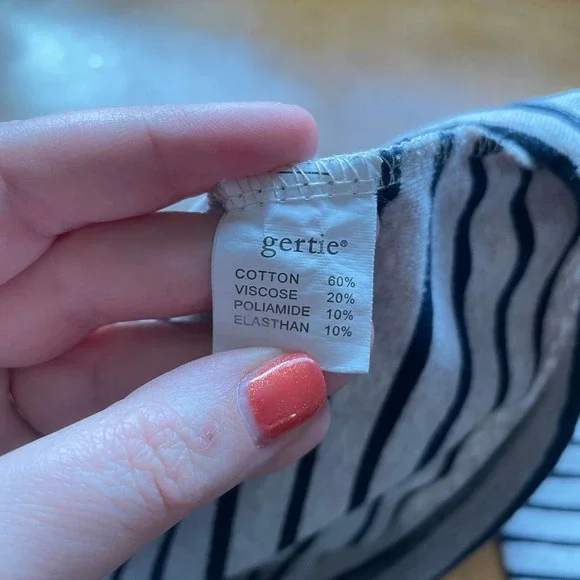 Blouse M Gertie Tan Navy Blue Striped Rhinestone Detail 3/4 Sleeve Cotton Shirt - Picture 7 of 8